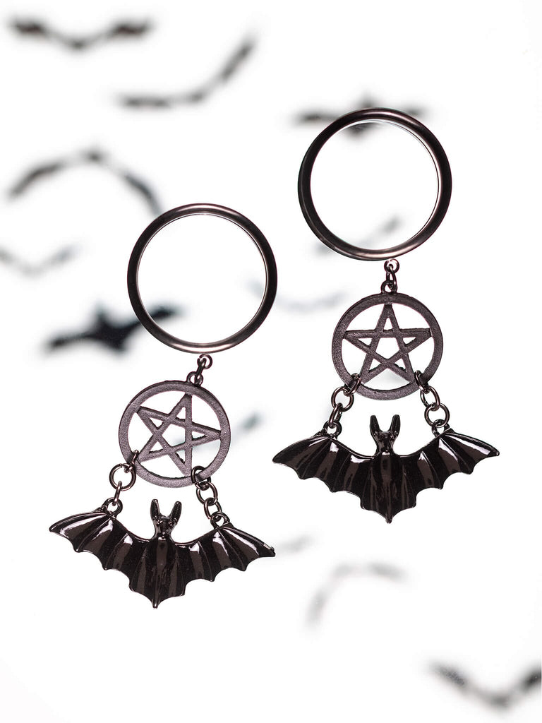 Black Bat Pentagram Dangle Internally Threaded Steel Tunnels