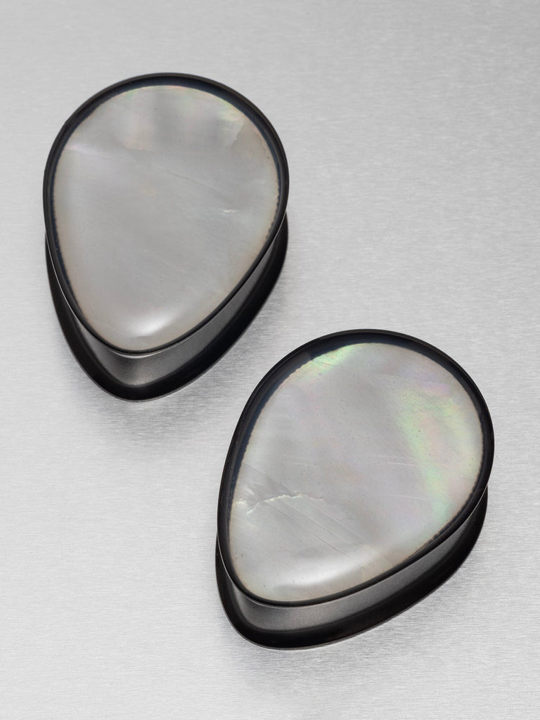 Pearl Inlay Teardrop Double Flared Steel Plugs