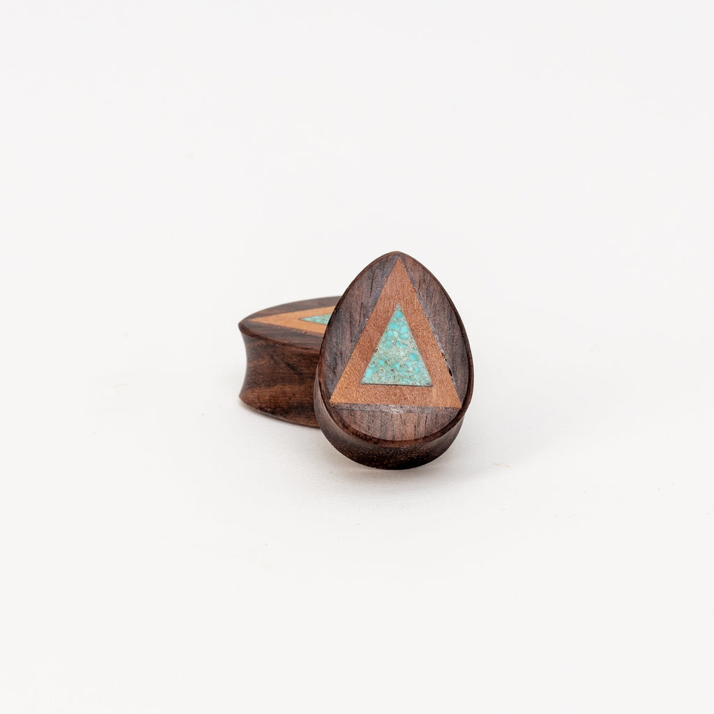 Crushed Turquoise Triangle Inlay Teardrop Sono Wood Plugs