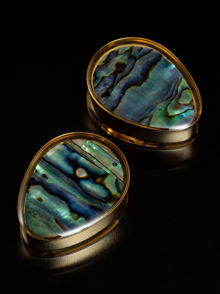 Gold Abalone Inlay Double Flared Teardrop Steel Plugs