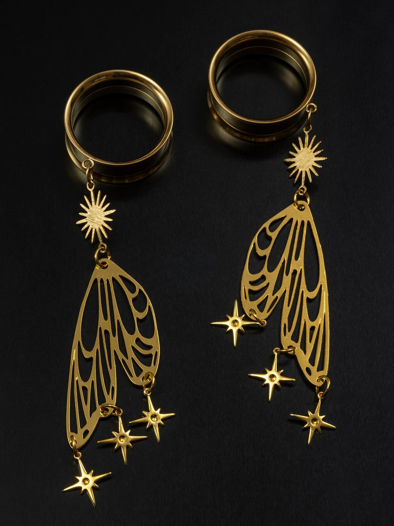 Gold Starry Butterfly Winged Internally Threaded Steel Tunnels