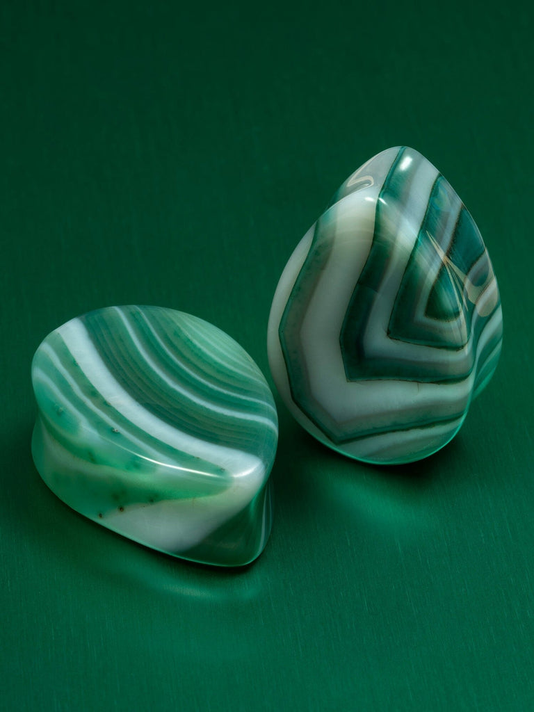 Green Line Agate Concave Teardrop Stone Plugs