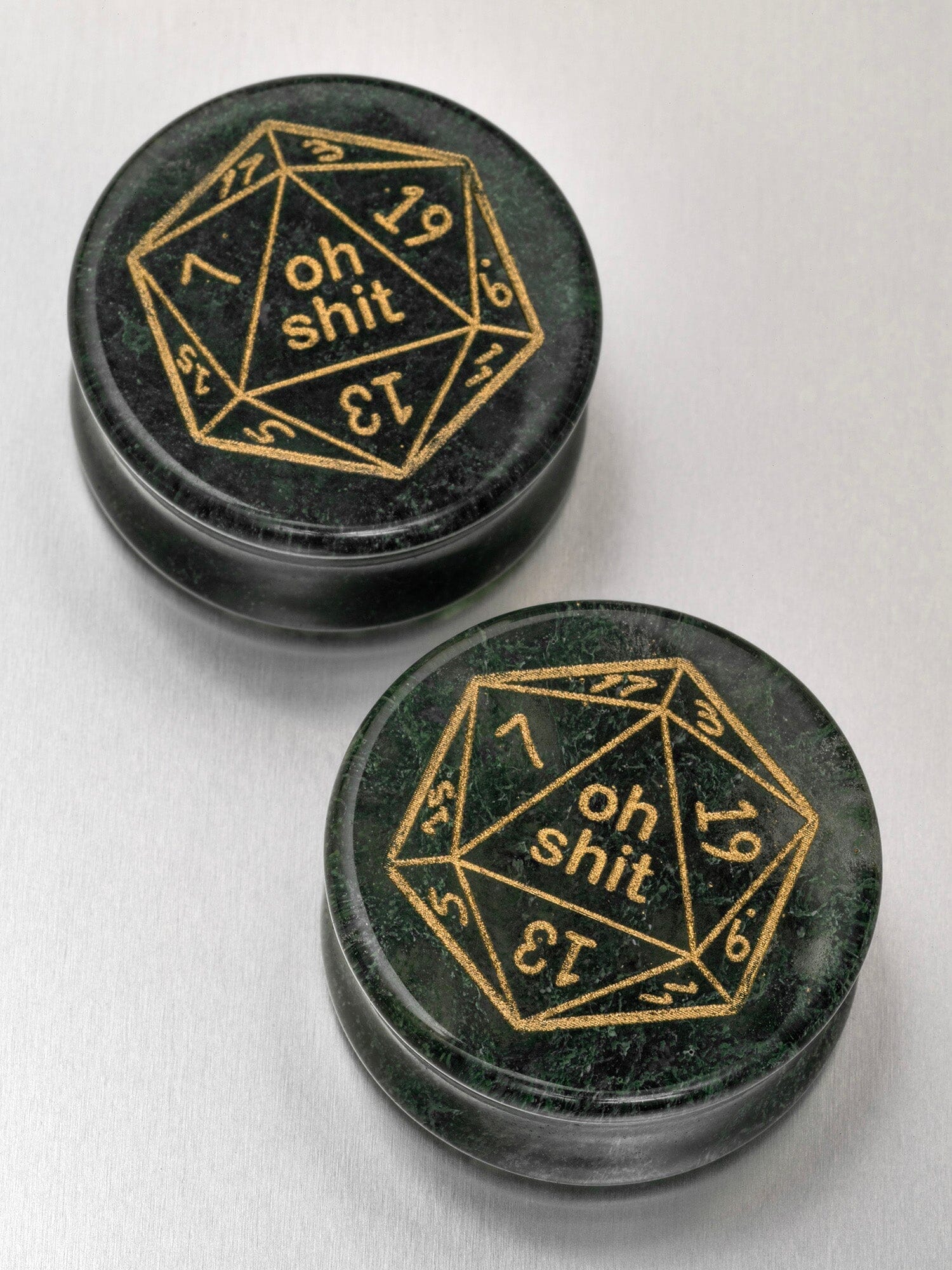 Oh Shit! Dice Moss Quartz Stone Plugs | DnD Gauges | Engraved