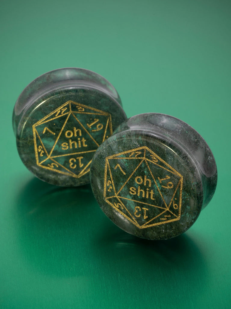 Oh Shit! Dice Engraved Moss Quartz Stone Plugs