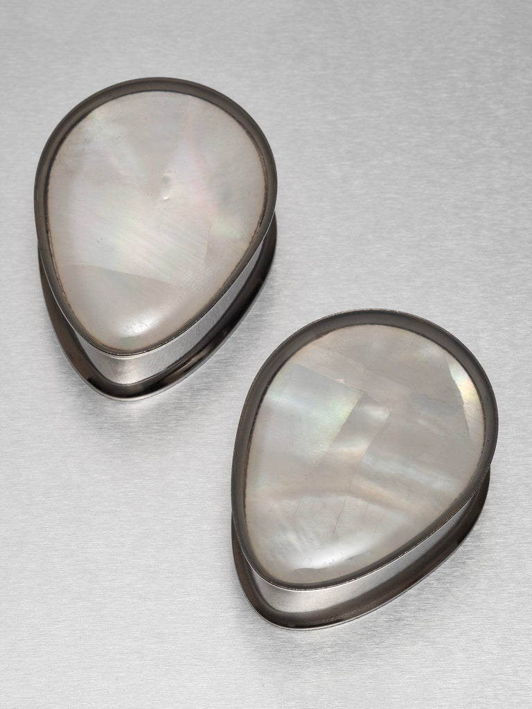 Pearl Inlay Teardrop Double Flared Steel Plugs