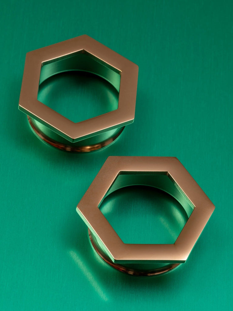 Rose Gold Hexagon Double Flared Steel Tunnels