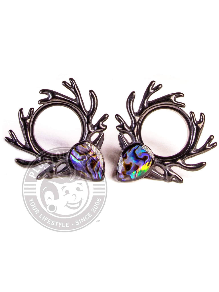 Black Deer Antlers with Abalone Double Flared Steel Tunnels