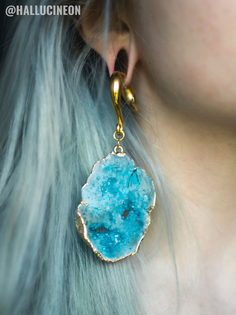 Blue Crystalized Geode Slice Gold Curled Hook Hangers