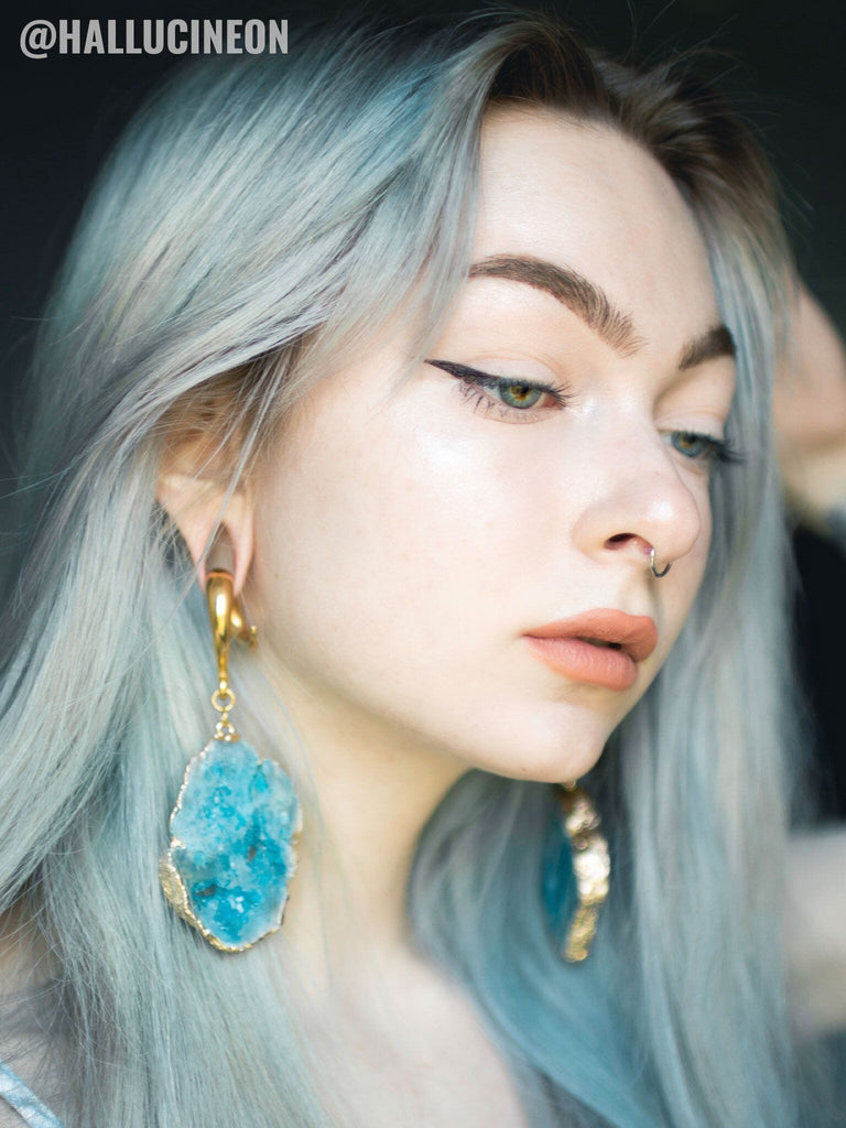 Blue Crystalized Geode Slice Gold Curled Hook Hangers