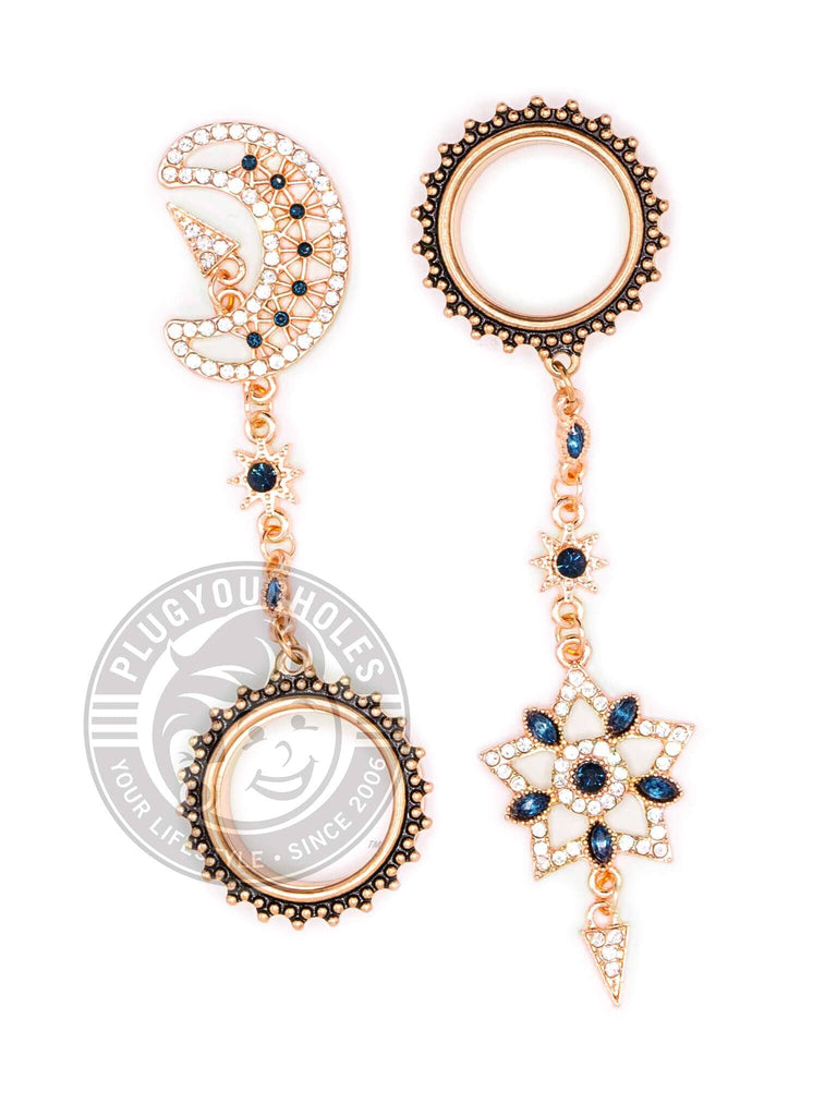 Rose Gold Moon & Star Dangle Beaded Threaded Steel Tunnels