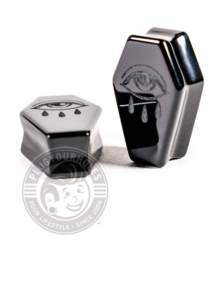 Tears of the Eye Engraved Black Agate Coffin Cut Stone Plugs