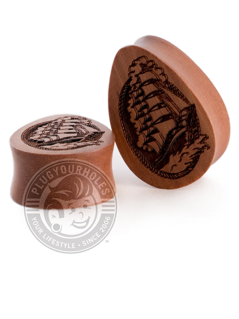 Pirate Ship Tear Drop Sawo Engraved Wood Plugs