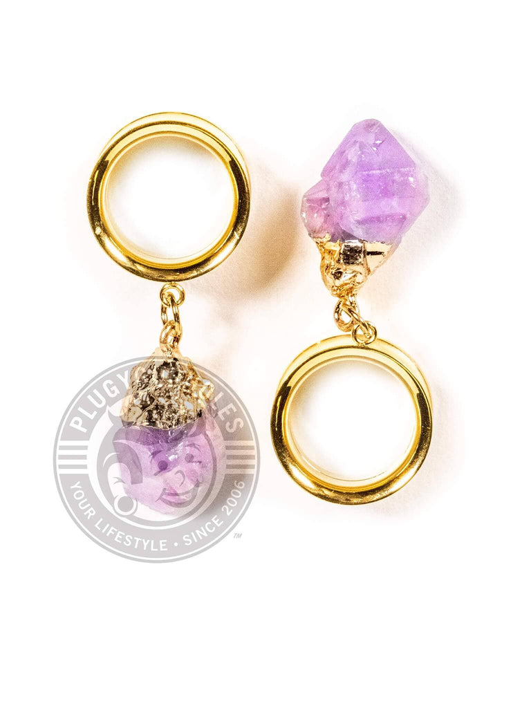 Purple Stone Dangle Gold Internally Threaded Steel Tunnels