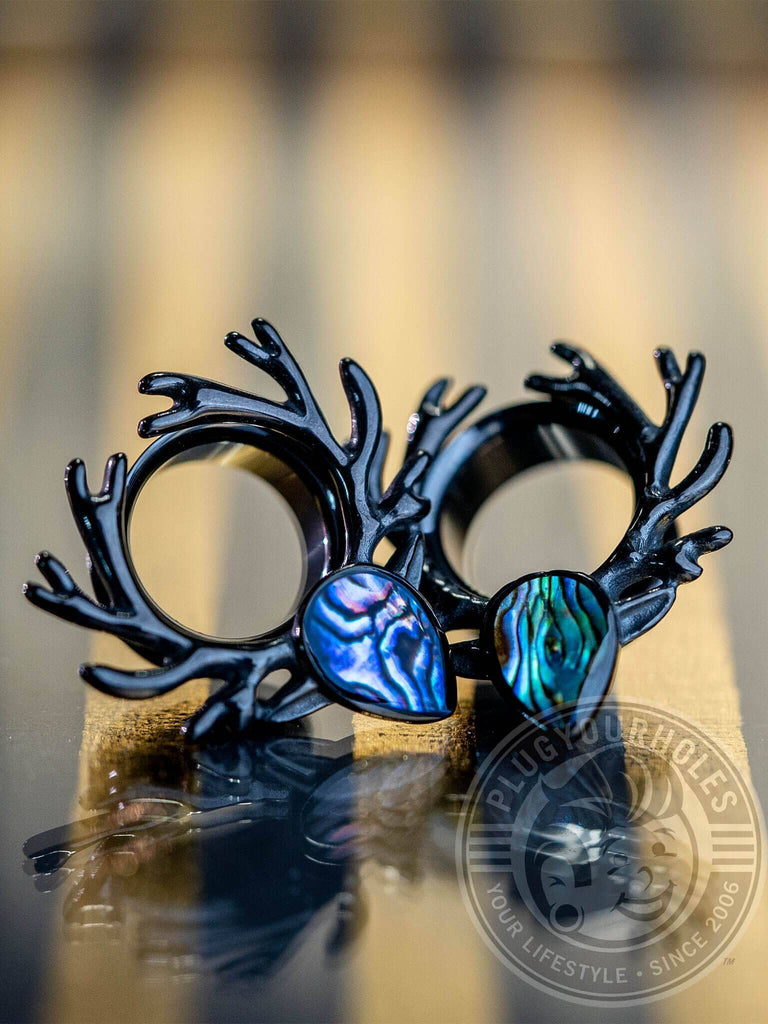 Black Deer Antlers with Abalone Double Flared Steel Tunnels