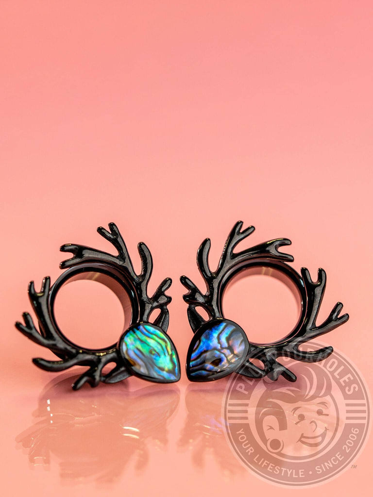 Black Deer Antlers with Abalone Double Flared Steel Tunnels
