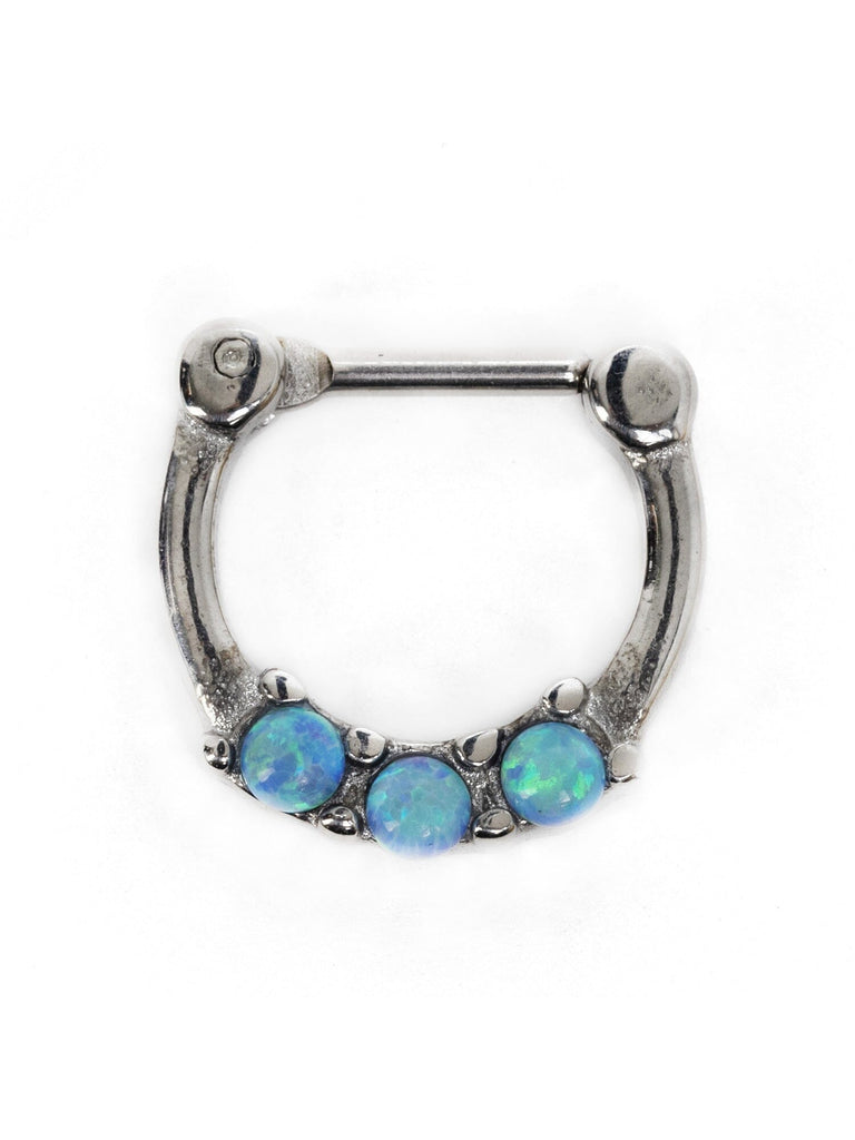 Triple Prong Blue Opal Steel Septum Clicker